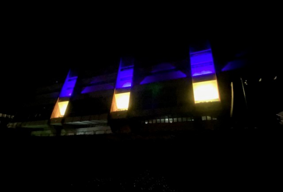 The Palais of the Council of Europe, illuminated in the colours of Ukraine.